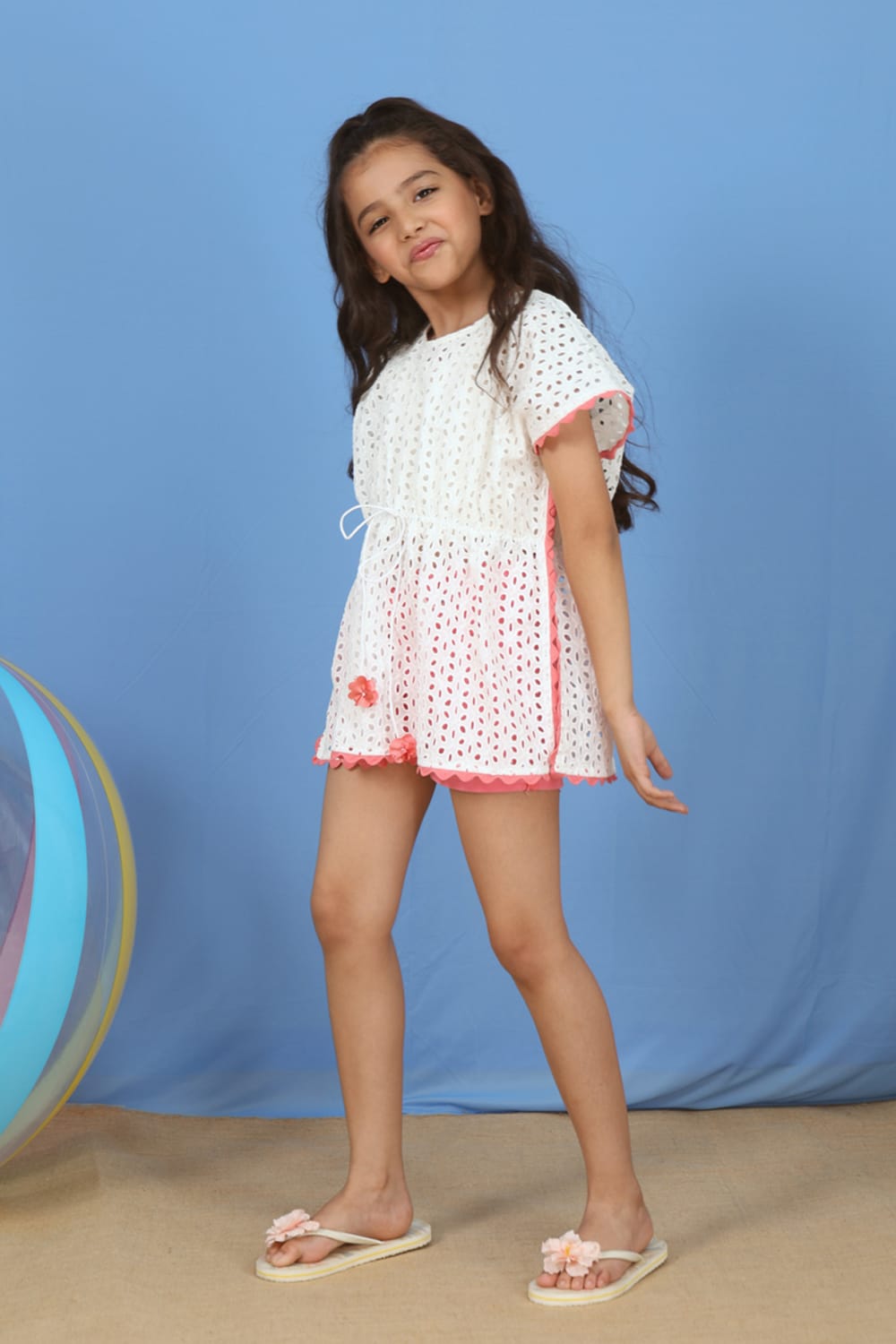 Schiffli Cover-Up Coral Lace – Peach Designer Dress for Girls | PNK – Isha Arora India