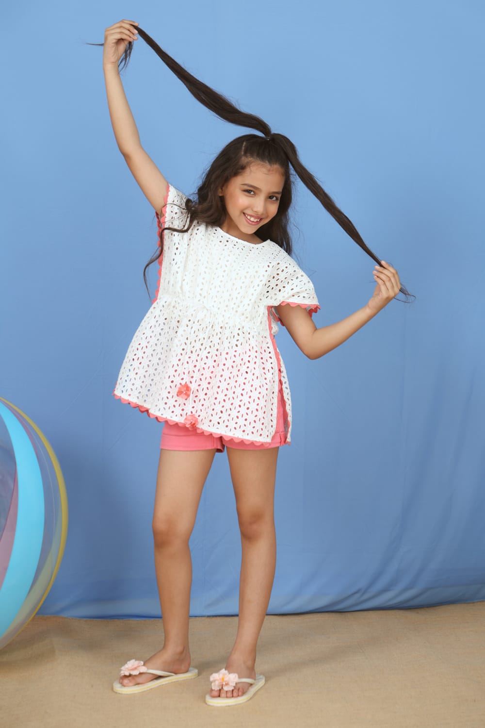 Schiffli Cover-Up Coral Lace – Peach Designer Dress for Girls | PNK – Isha Arora India