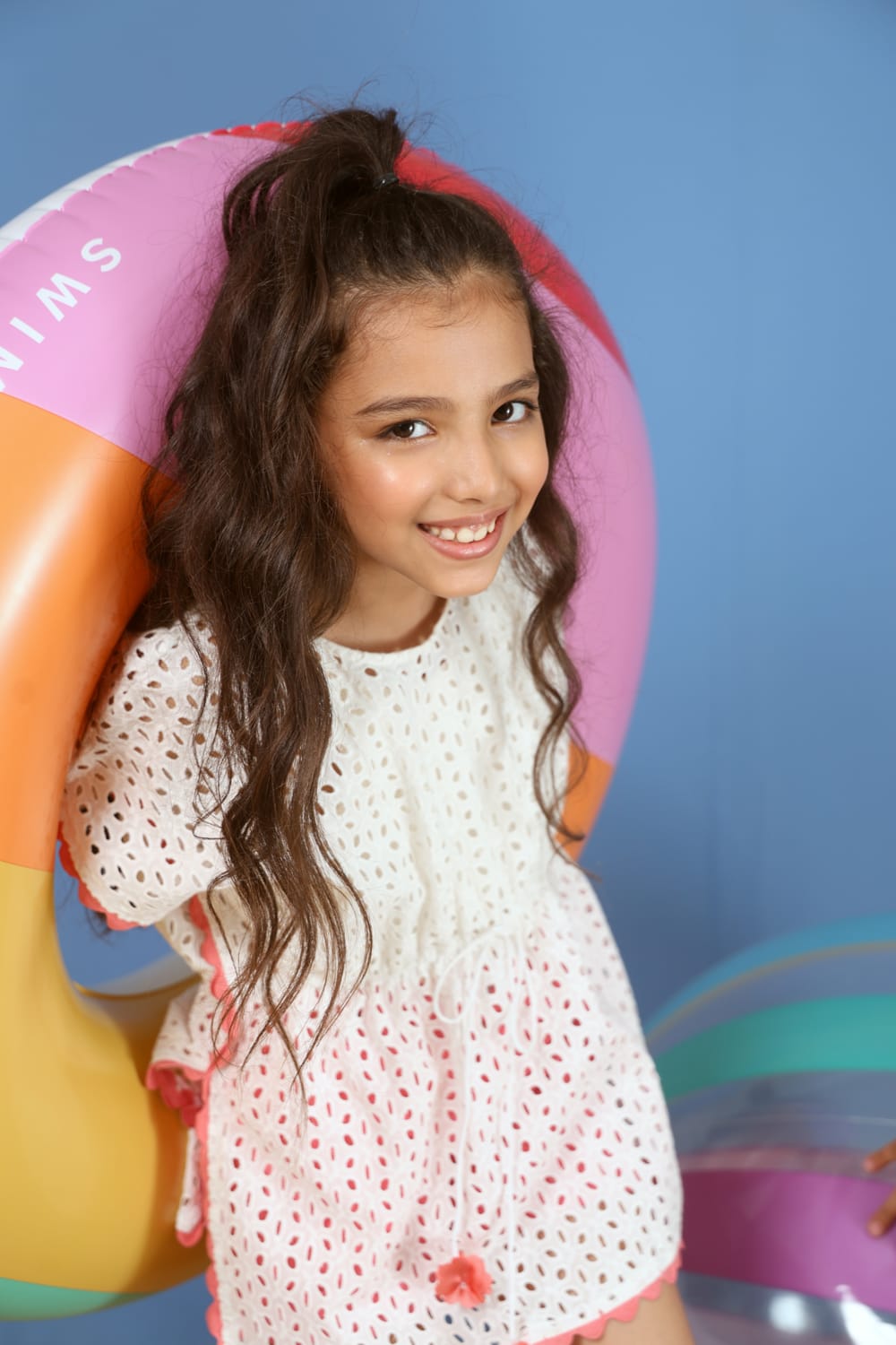 Schiffli Cover-Up Coral Lace – Peach Designer Dress for Girls | PNK – Isha Arora India