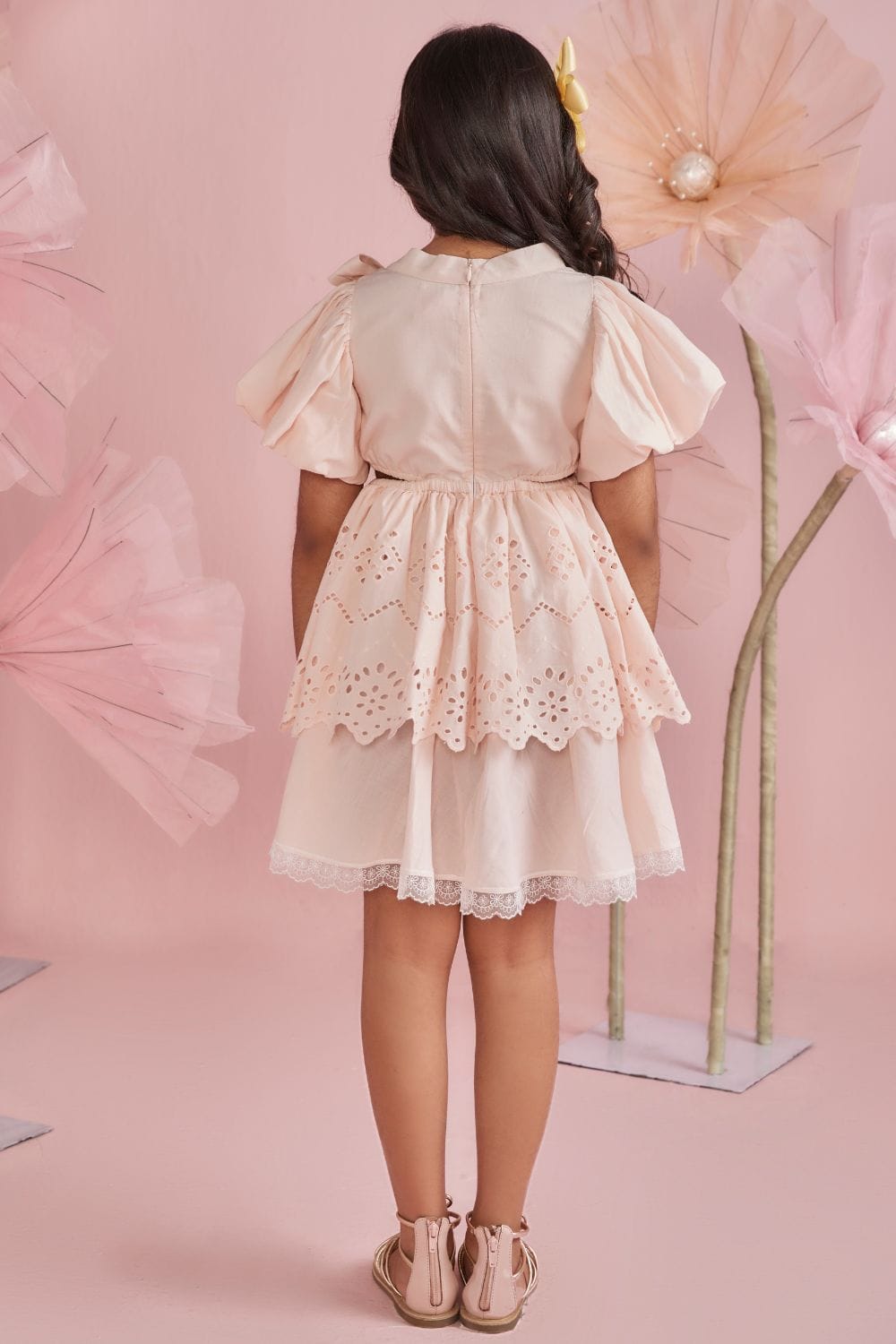 Soft Peach Tie Up Tiered Dress – Peach Designer Dress for Girls | PNK – Isha Arora India