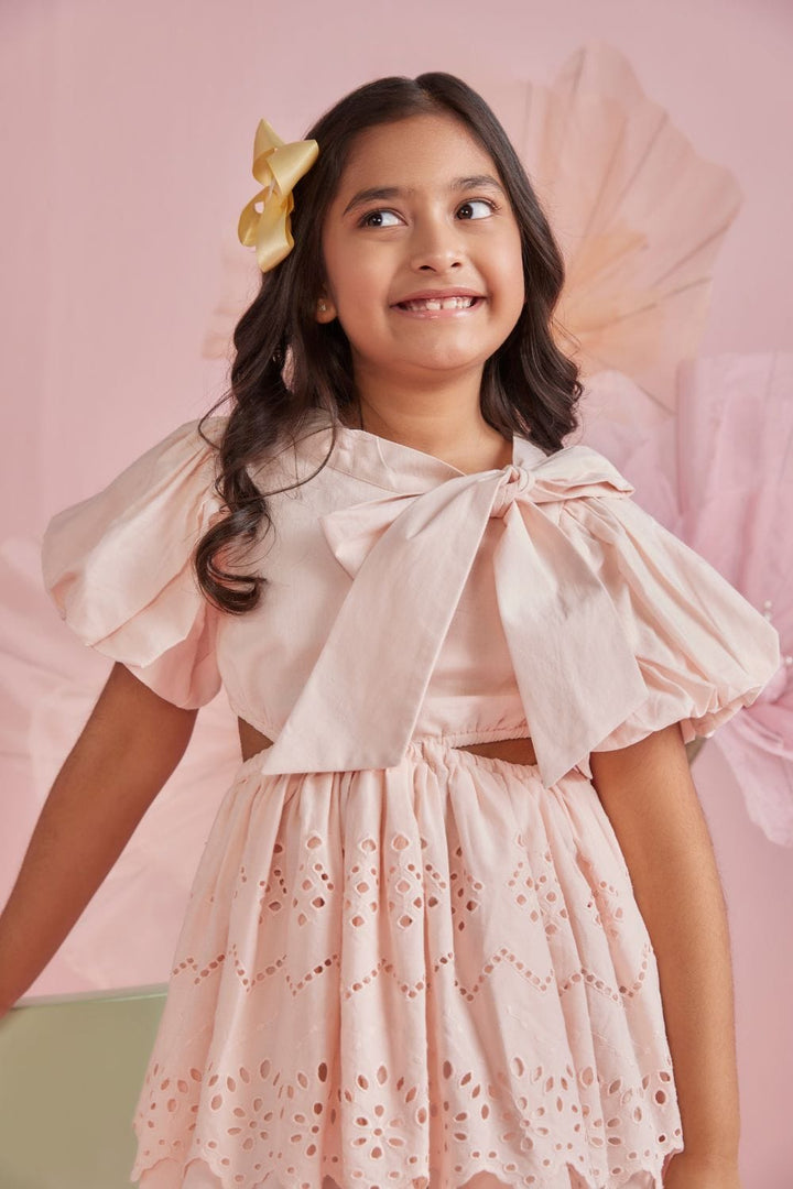 Soft Peach Tie Up Tiered Dress – Peach Designer Dress for Girls | PNK – Isha Arora India