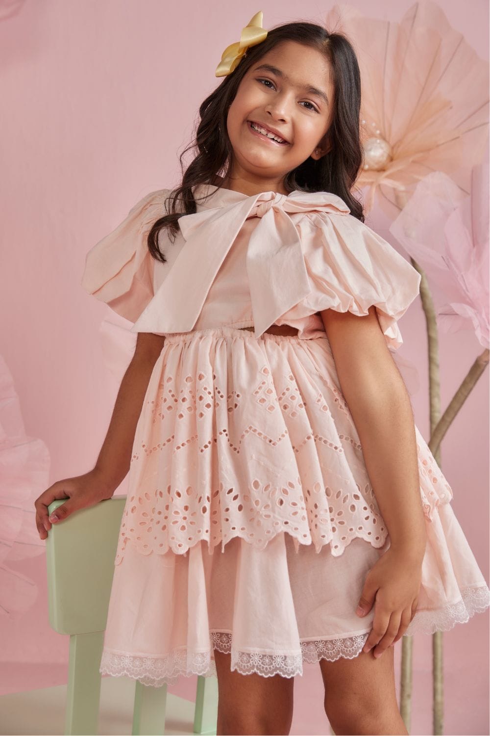 Soft Peach Tie Up Tiered Dress – Peach Designer Dress for Girls | PNK – Isha Arora India