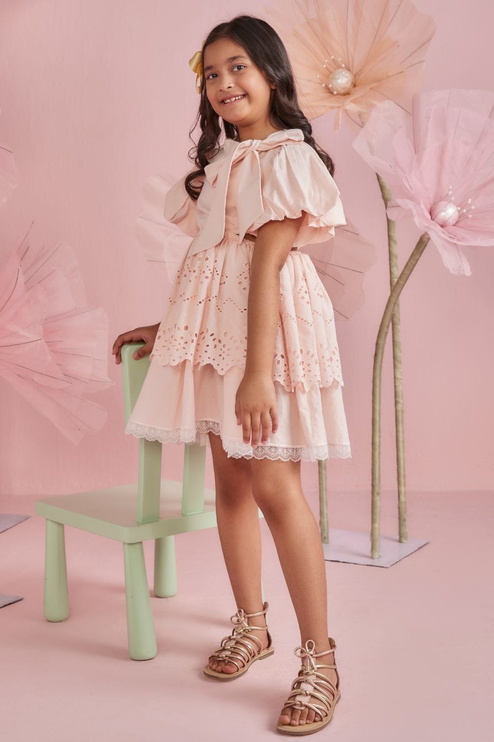 Soft Peach Tie Up Tiered Dress – Peach Designer Dress for Girls | PNK – Isha Arora India