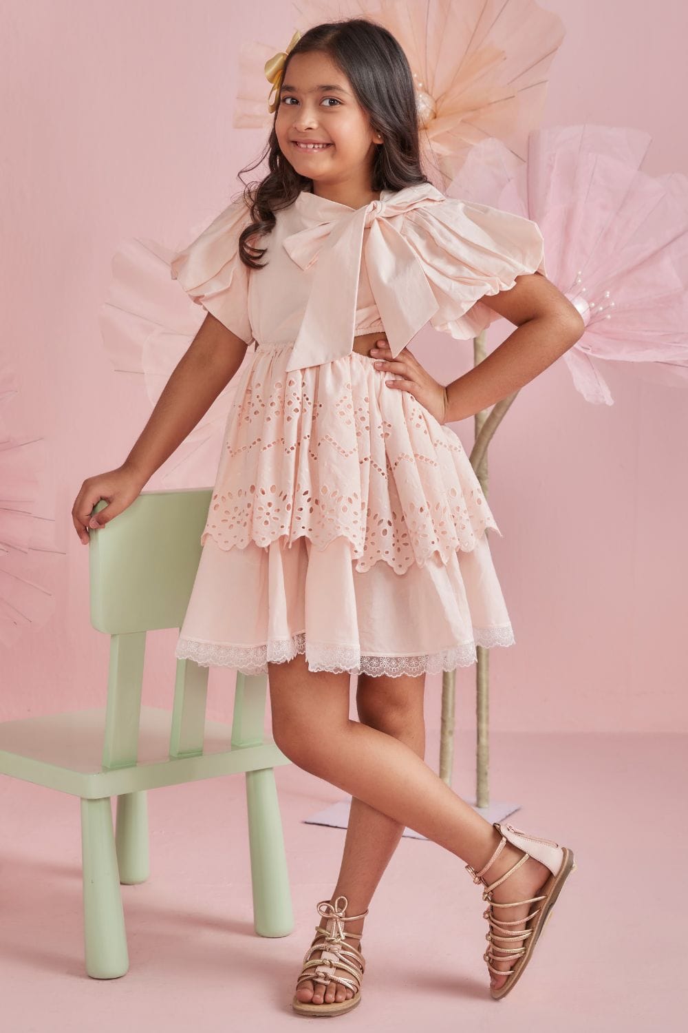 Soft Peach Tie Up Tiered Dress – Peach Designer Dress for Girls | PNK – Isha Arora India