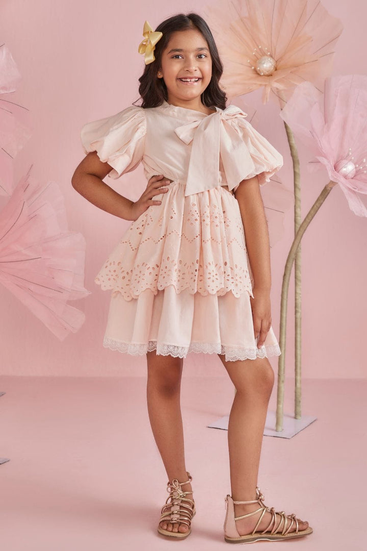 Soft Peach Tie Up Tiered Dress – Peach Designer Dress for Girls | PNK – Isha Arora India