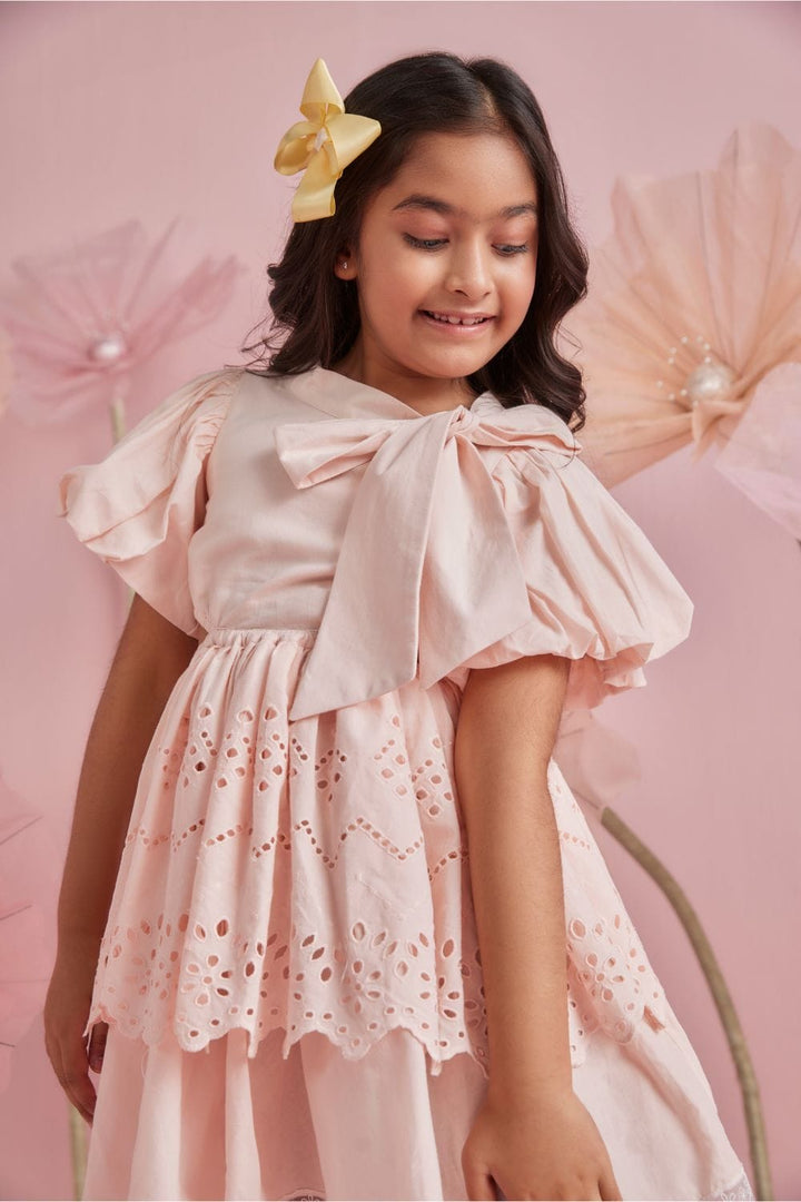 Soft Peach Tie Up Tiered Dress – Peach Designer Dress for Girls | PNK – Isha Arora India