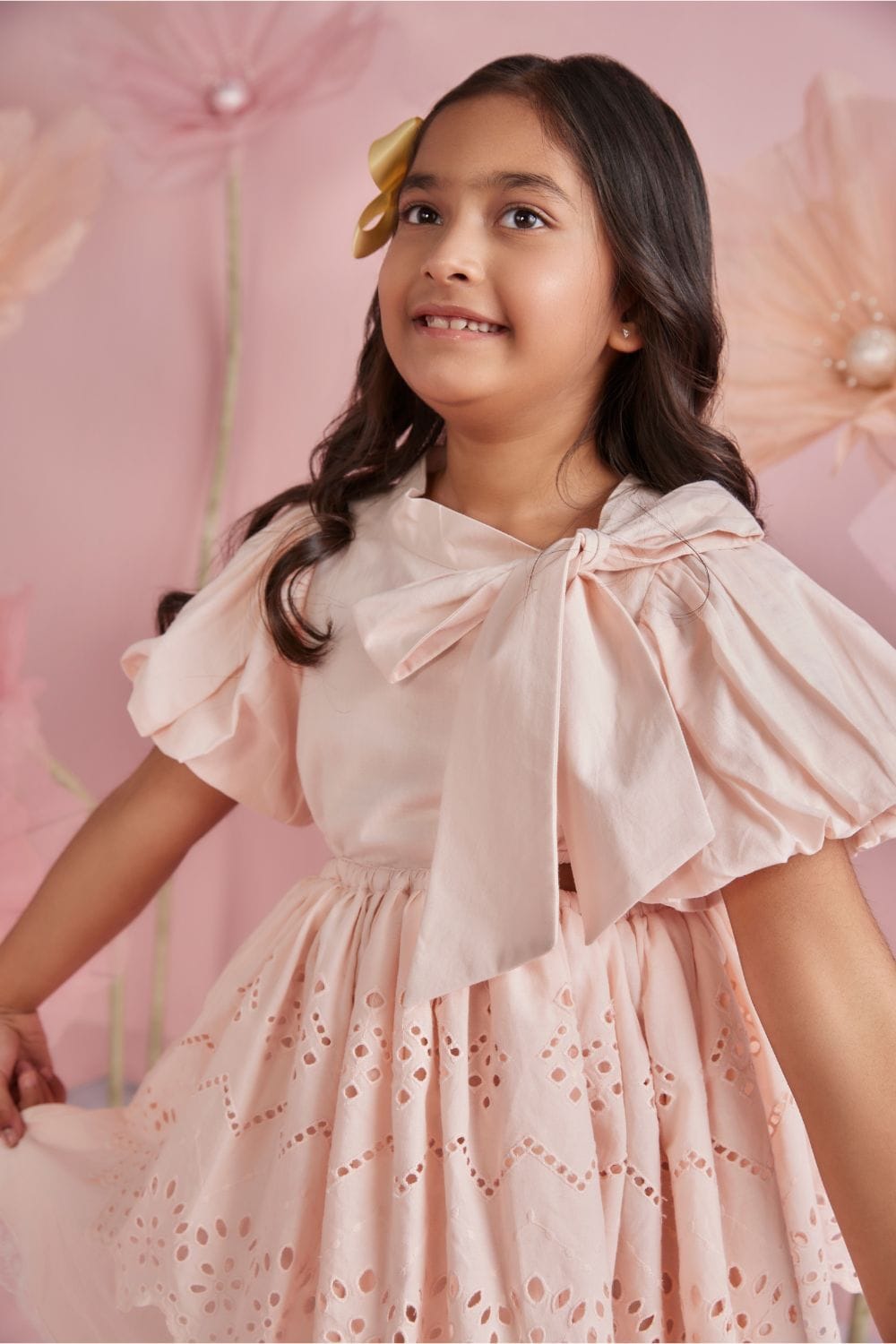 Soft Peach Tie Up Tiered Dress – Peach Designer Dress for Girls | PNK – Isha Arora India