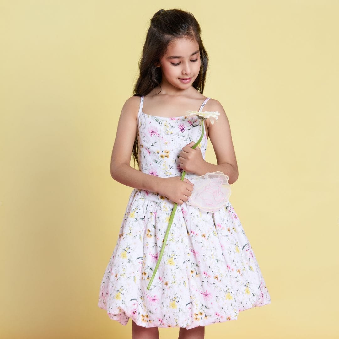 The Blossom Breeze Balloon Linen Dress – White Designer Dress for Girls | PNK – Isha Arora India