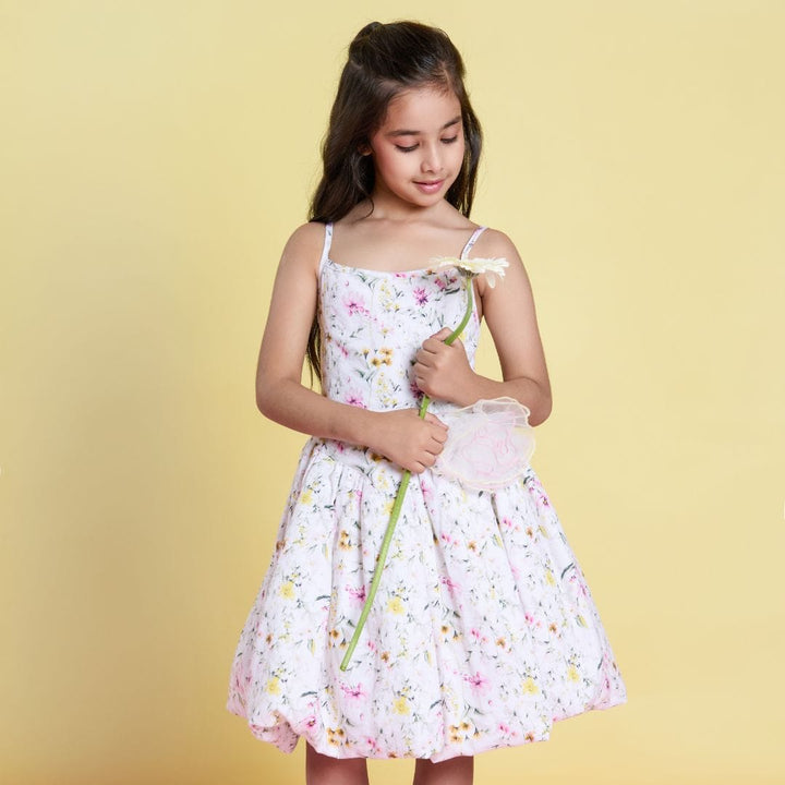 The Blossom Breeze Balloon Linen Dress – White Designer Dress for Girls | PNK – Isha Arora India