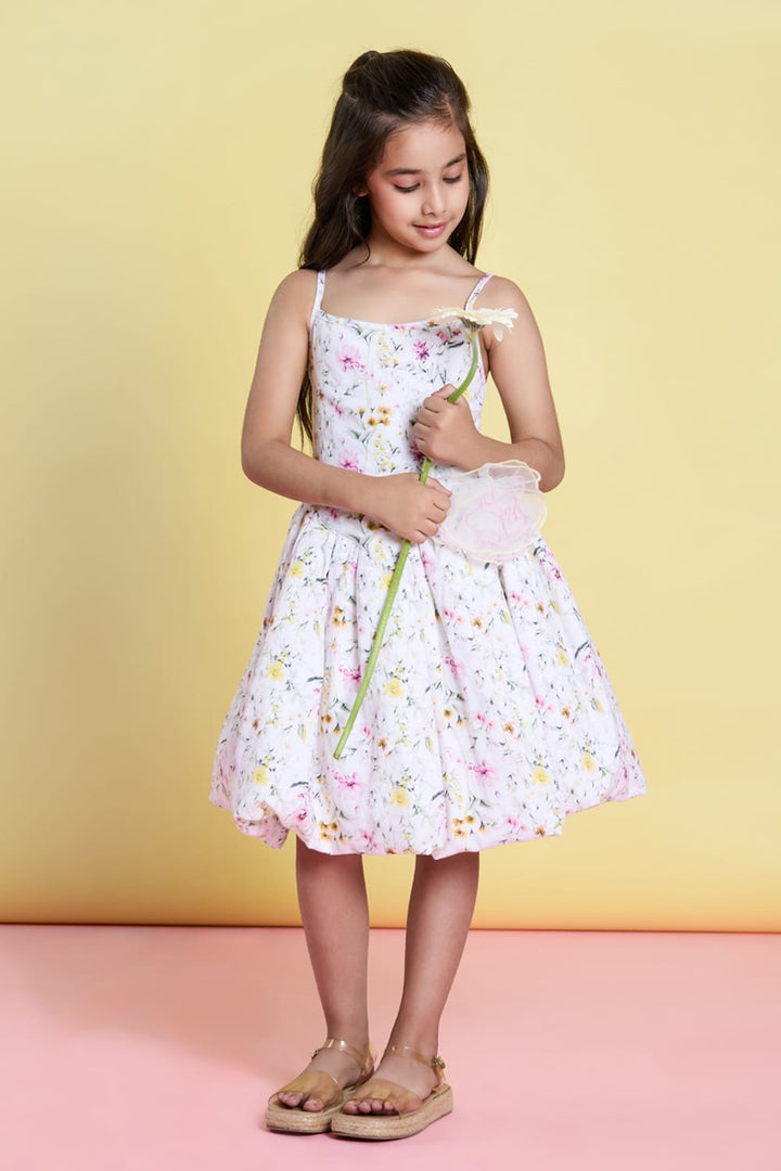 The Blossom Breeze Balloon Linen Dress – White Designer Dress for Girls | PNK – Isha Arora India