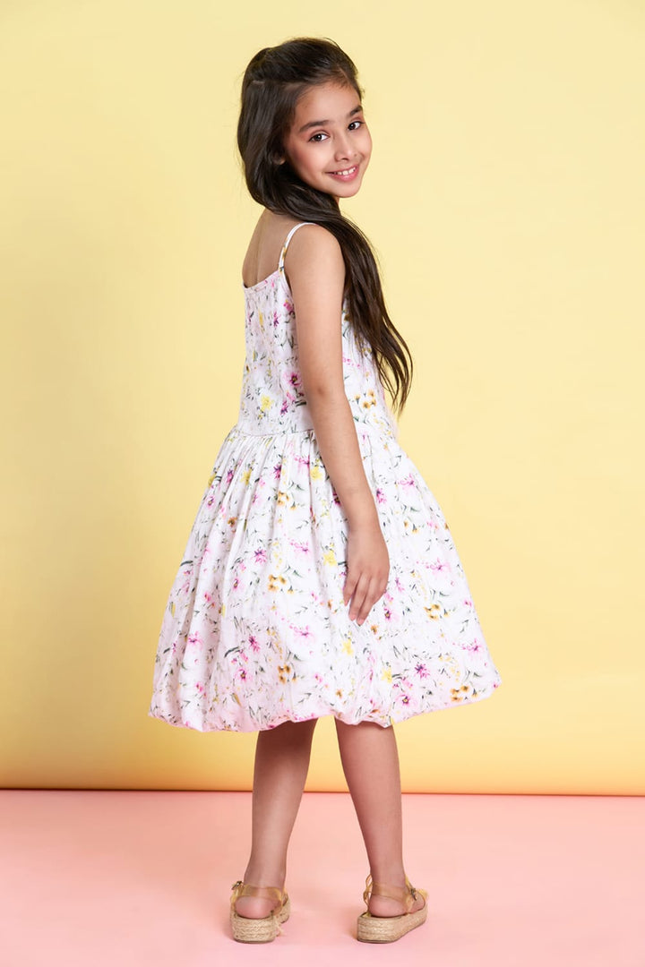 The Blossom Breeze Balloon Linen Dress – White Designer Dress for Girls | PNK – Isha Arora India