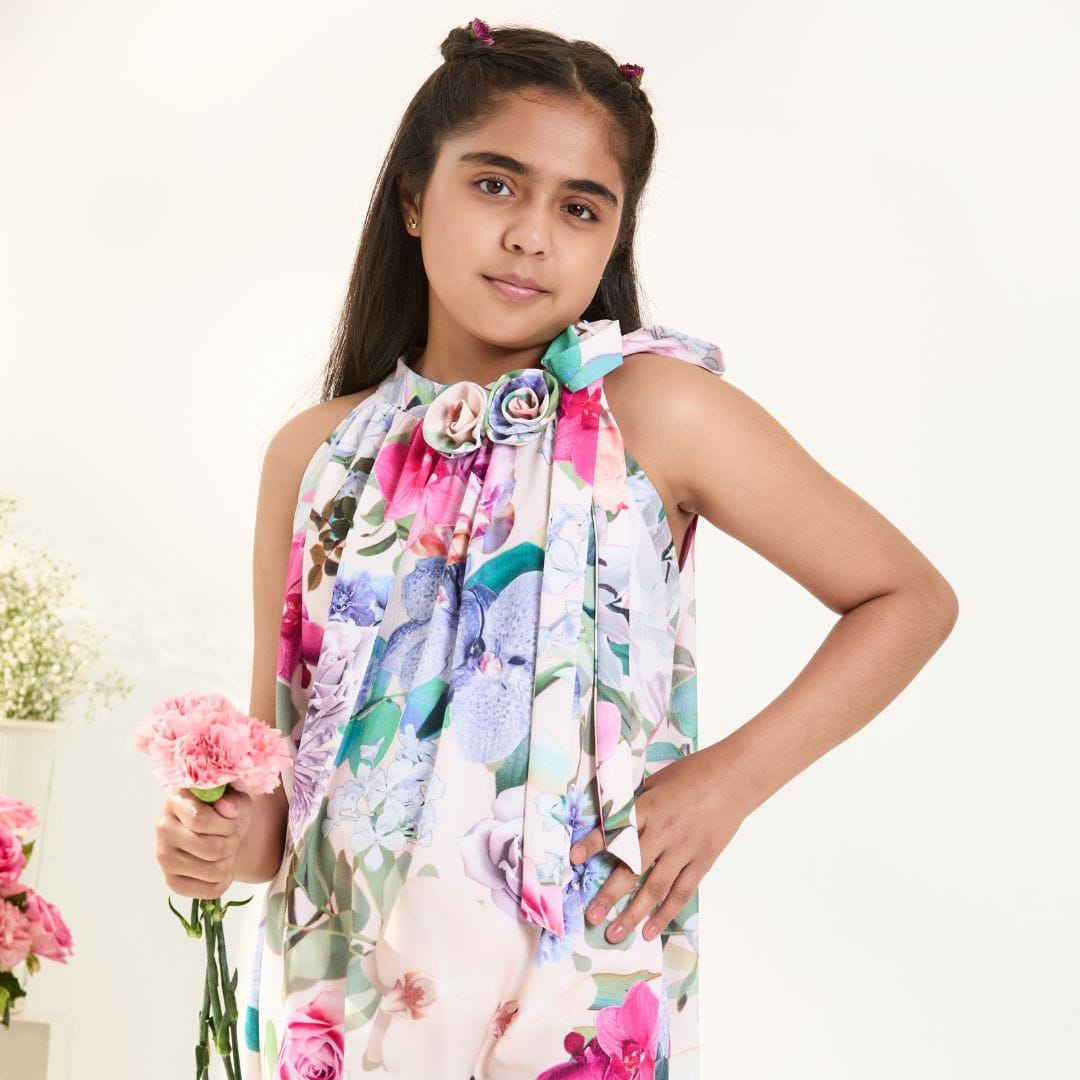 The Floral Fantasy Halter Dress – Multicolour Designer Dress for Girls | PNK – Isha Arora India