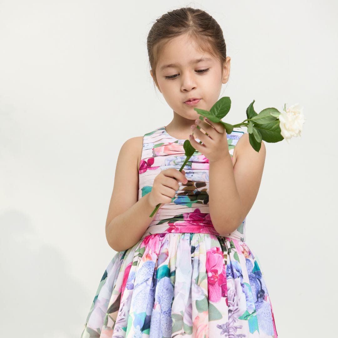 The Floral Fantasy Pleated Bodice Dress – Multicolour Designer Dress for Girls | PNK – Isha Arora India