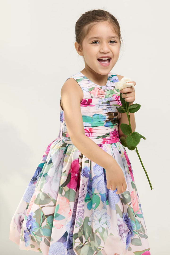 The Floral Fantasy Pleated Bodice Dress – Multicolour Designer Dress for Girls | PNK – Isha Arora India