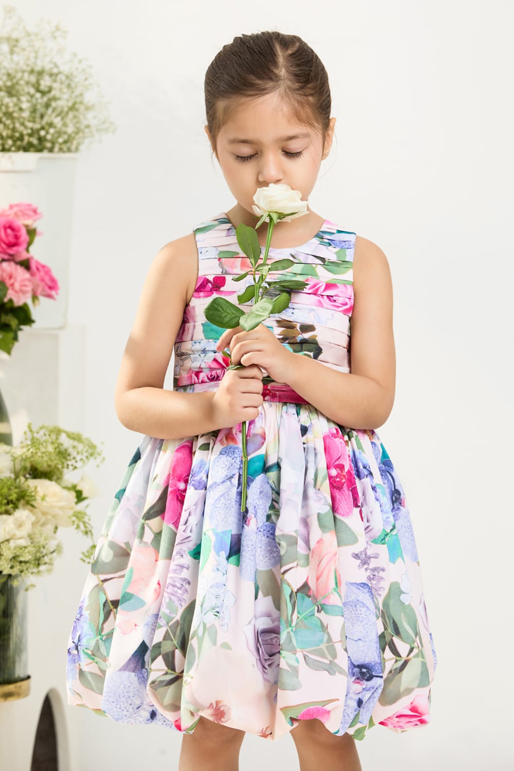The Floral Fantasy Pleated Bodice Dress – Multicolour Designer Dress for Girls | PNK – Isha Arora India