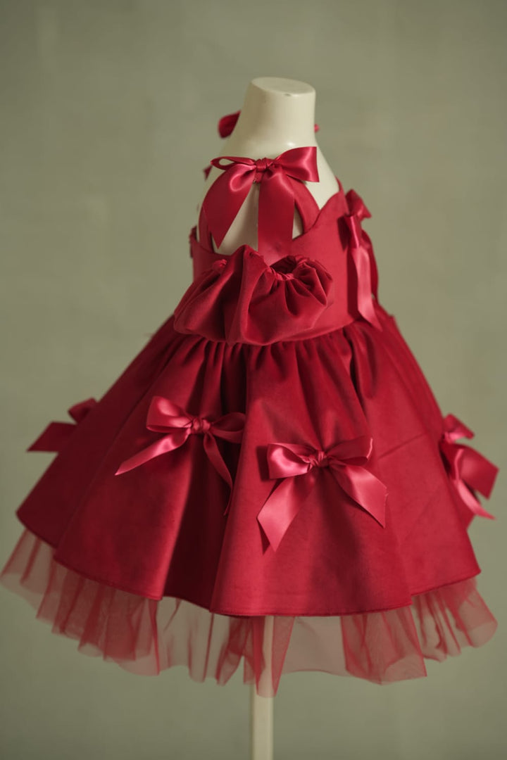 The Wrapped in Ruby Velvet Dress – Red Designer Dress for Girls | PNK – Isha Arora India