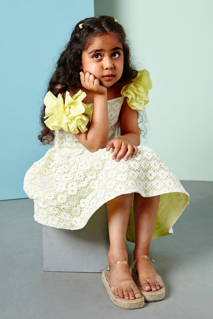 Yellow Off-Shoulder Cotton Crochet Dress – Yellow Designer Dress for Girls | PNK – Isha Arora India