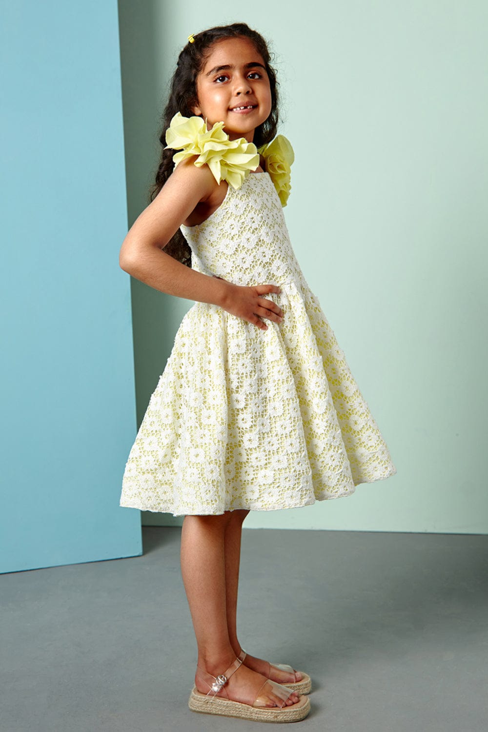 Yellow Off-Shoulder Cotton Crochet Dress – Yellow Designer Dress for Girls | PNK – Isha Arora India