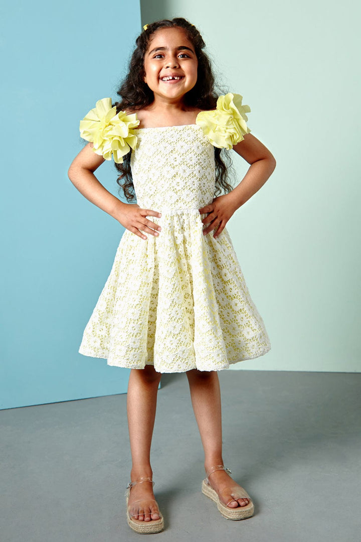 Yellow Off-Shoulder Cotton Crochet Dress – Yellow Designer Dress for Girls | PNK – Isha Arora India