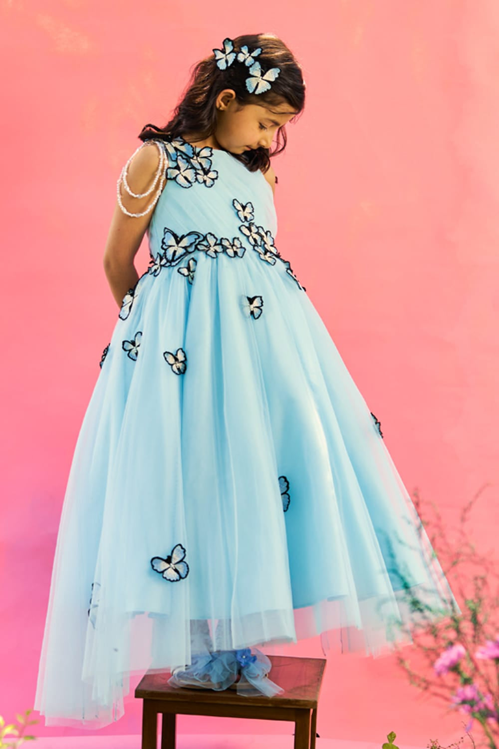 Ice Blue Butterfly Garden Gown – Blue Designer Gown for Girls | PNK – Isha Arora India