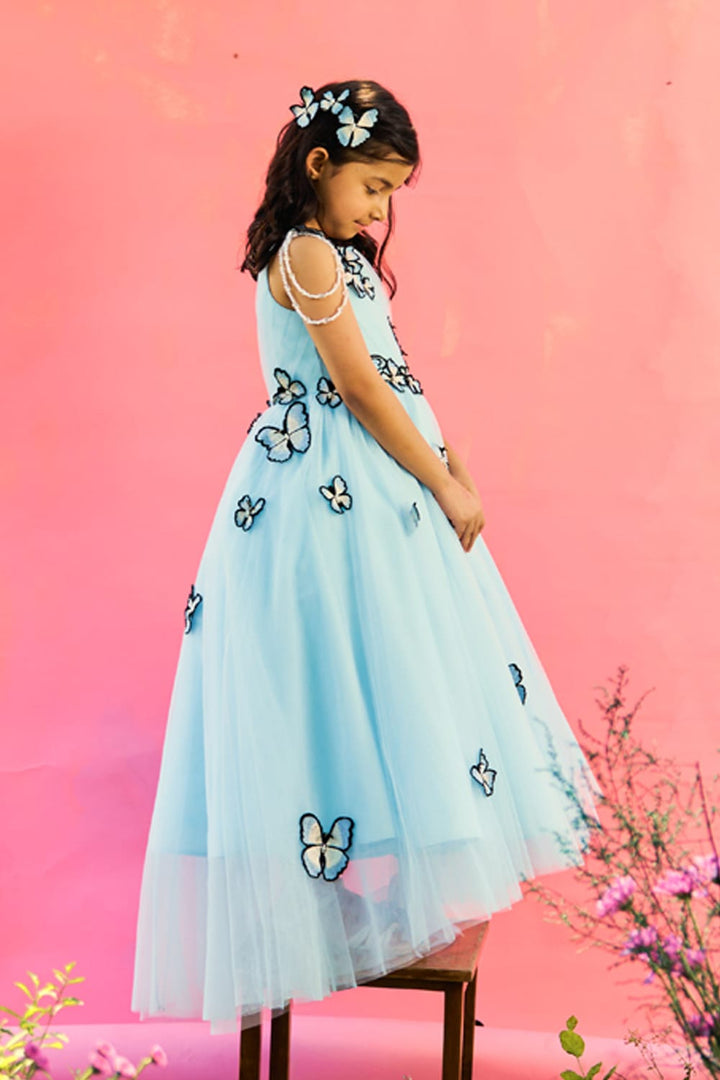 Ice Blue Butterfly Garden Gown – Blue Designer Gown for Girls | PNK – Isha Arora India