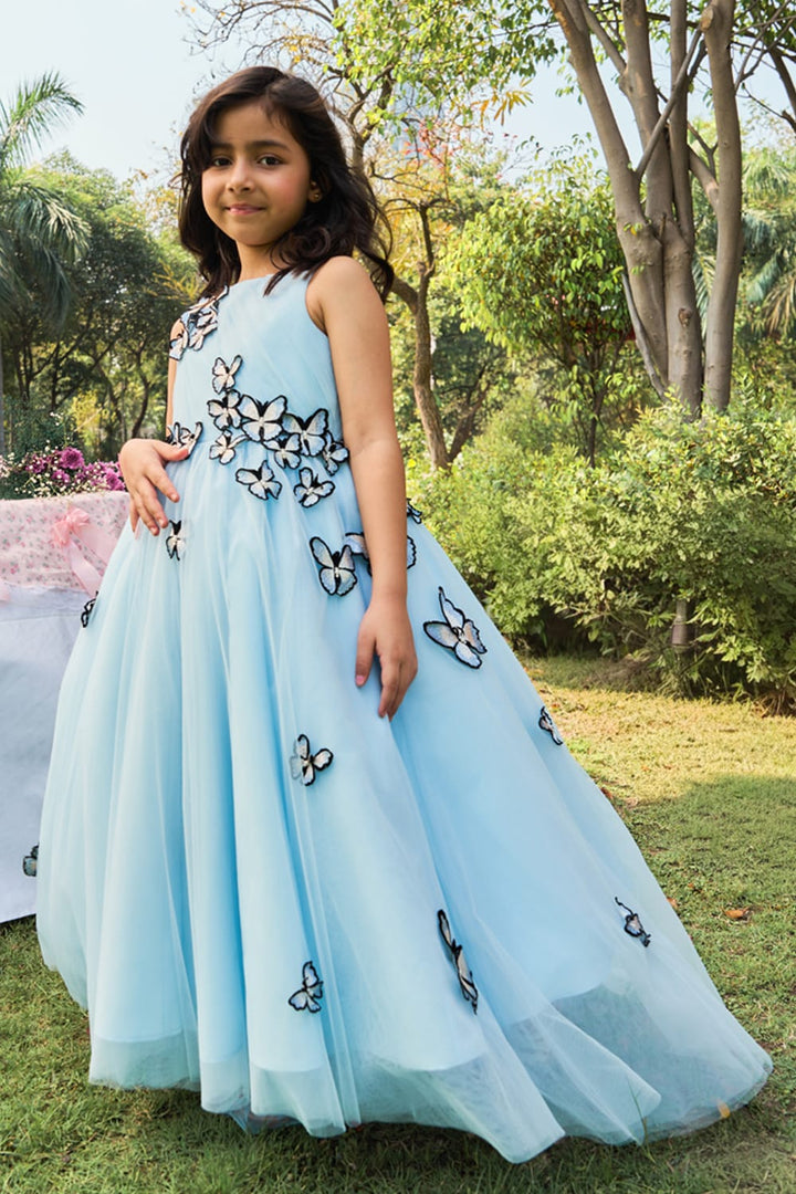 Ice Blue Butterfly Garden Gown – Blue Designer Gown for Girls | PNK – Isha Arora India