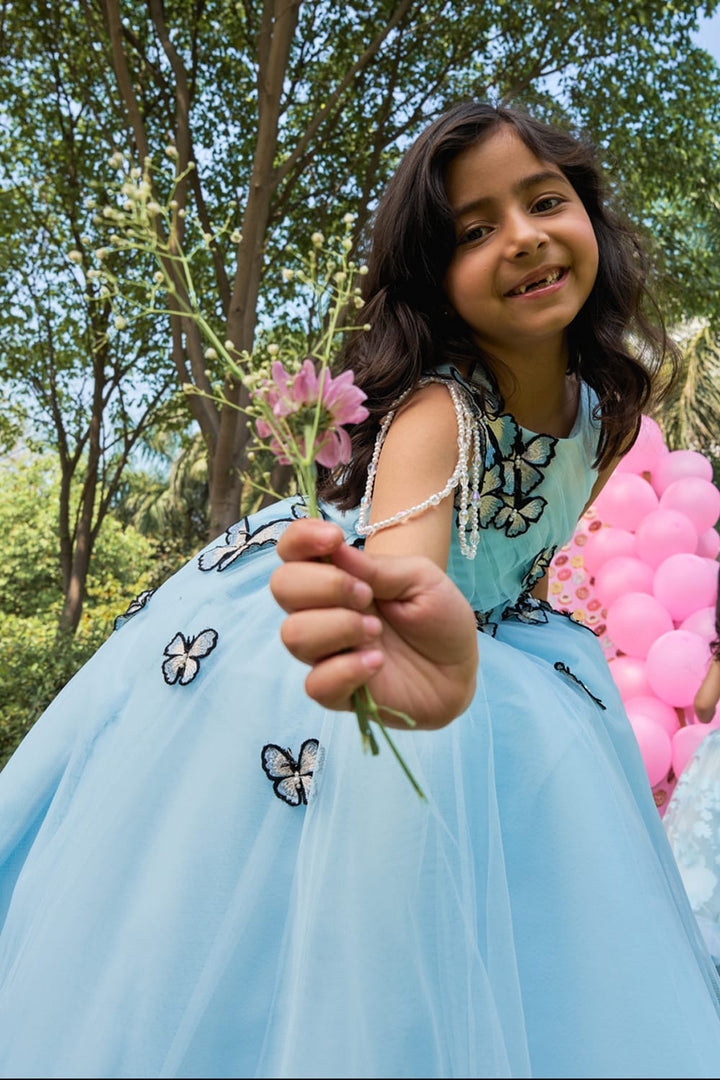 Ice Blue Butterfly Garden Gown – Blue Designer Gown for Girls | PNK – Isha Arora India