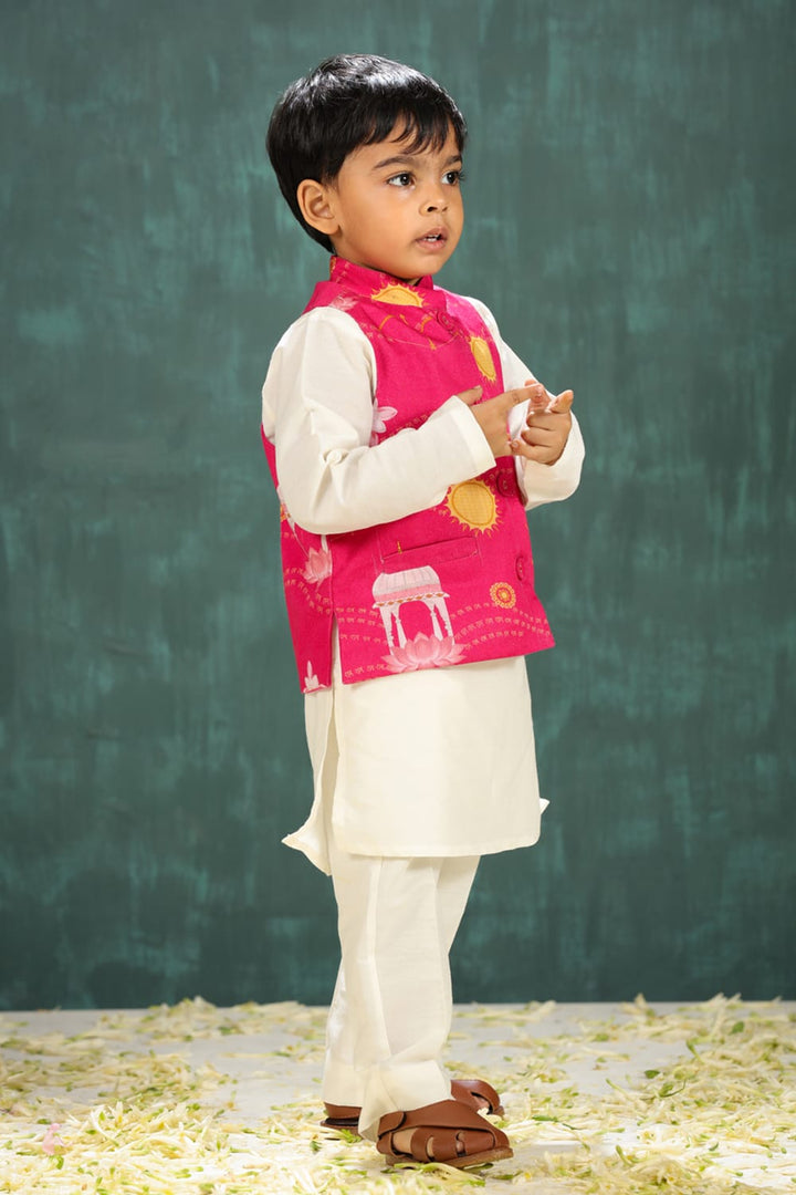 Boys 3 Piece Kurta Pajama Set With Shri Ram Pink Print Waist Coat – Pink Kids Kurta Set | PNK – Isha Arora India