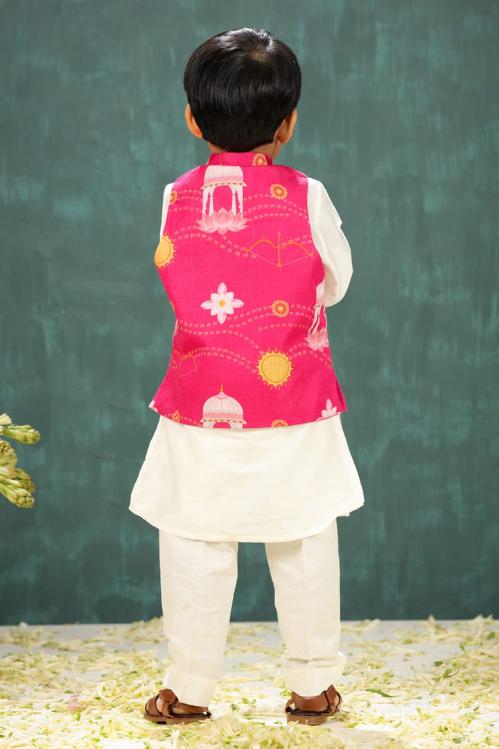 Boys 3 Piece Kurta Pajama Set With Shri Ram Pink Print Waist Coat – Pink Kids Kurta Set | PNK – Isha Arora India