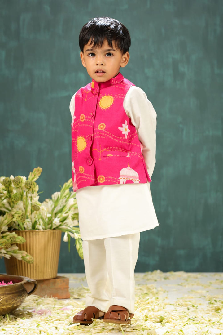 Boys 3 Piece Kurta Pajama Set With Shri Ram Pink Print Waist Coat – Pink Kids Kurta Set | PNK – Isha Arora India