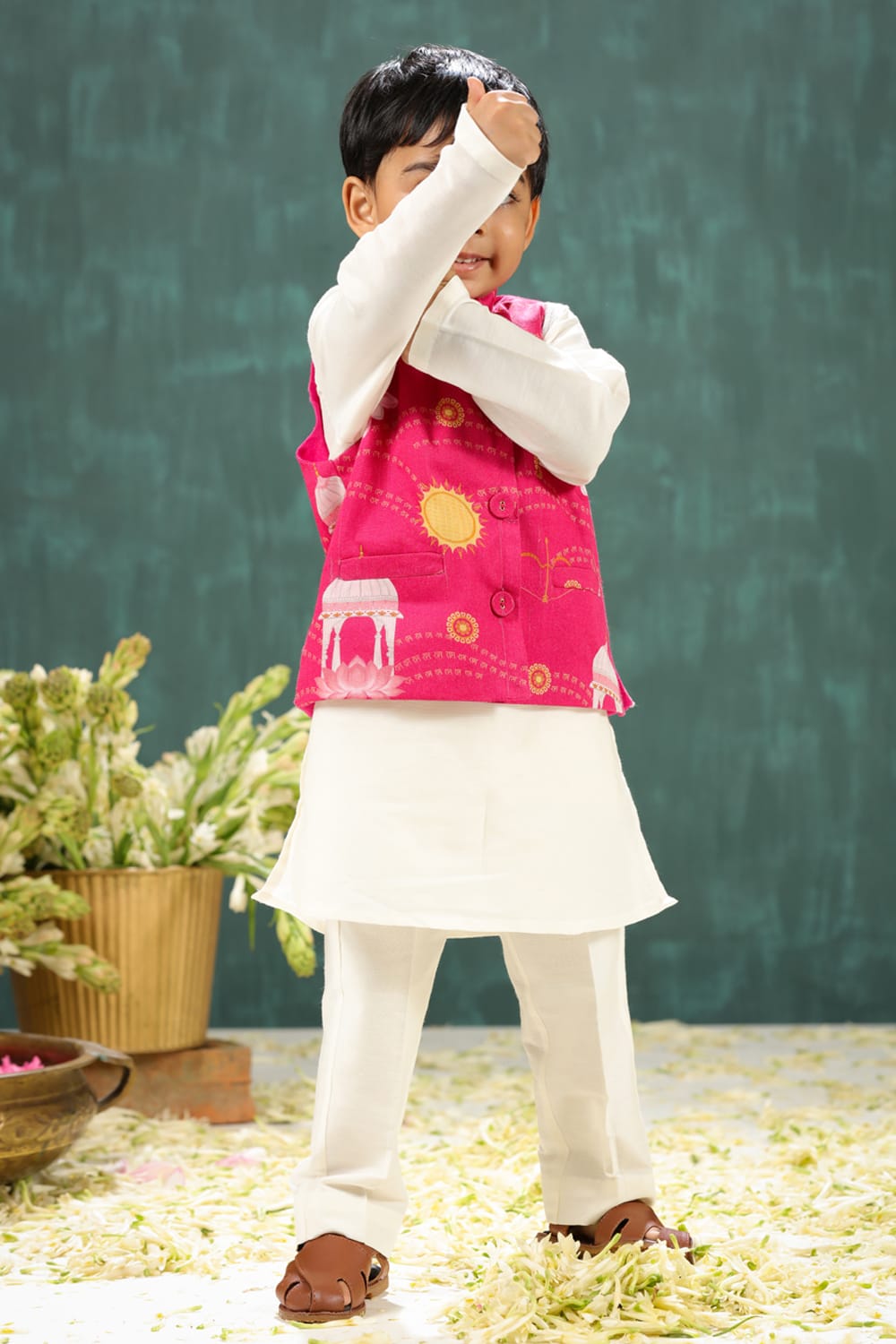 Boys 3 Piece Kurta Pajama Set With Shri Ram Pink Print Waist Coat – Pink Kids Kurta Set | PNK – Isha Arora India
