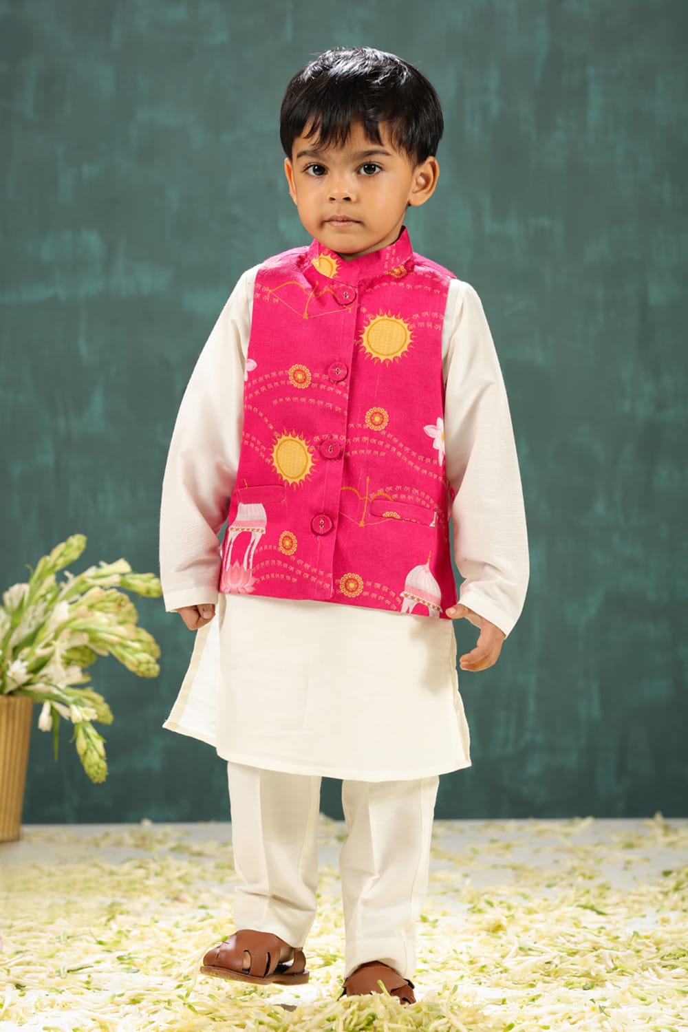 Boys 3 Piece Kurta Pajama Set With Shri Ram Pink Print Waist Coat – Pink Kids Kurta Set | PNK – Isha Arora India