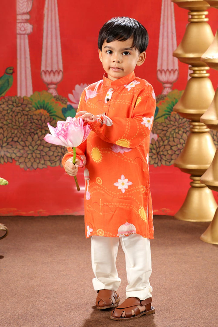 Boys Shri Ram Orange Print Kurta Pajama Set – Orange Kids Kurta Set | PNK – Isha Arora India
