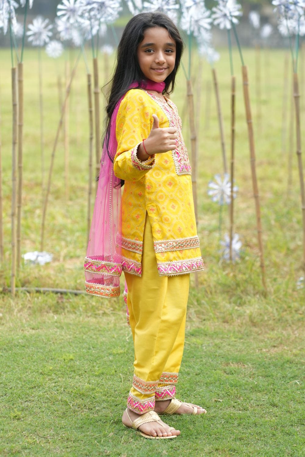 Bright Yellow Kurta With Matching Salwar & Contrast Dupatta – Yellow Kids Kurta Set | PNK – Isha Arora India
