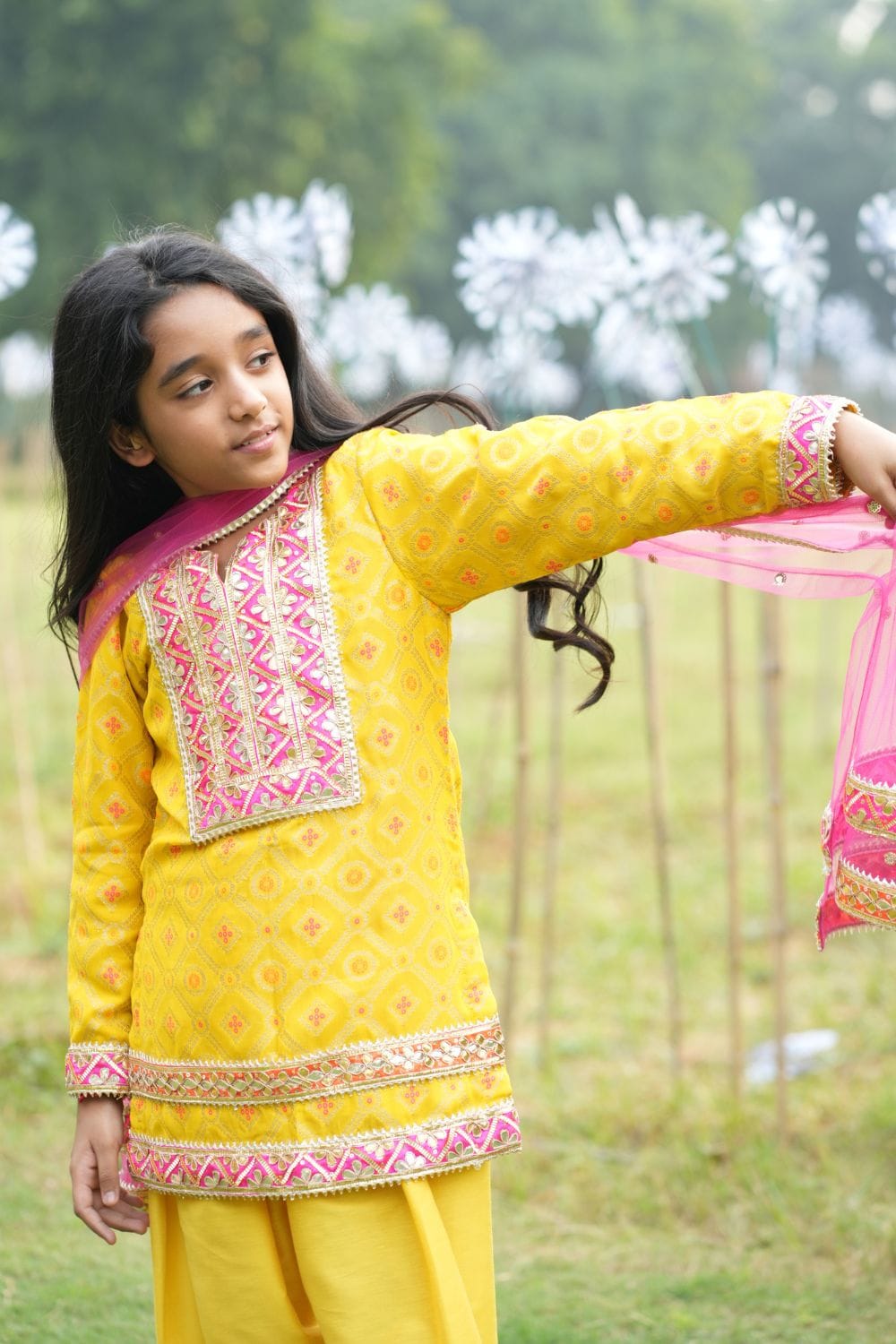 Bright Yellow Kurta With Matching Salwar & Contrast Dupatta – Yellow Kids Kurta Set | PNK – Isha Arora India