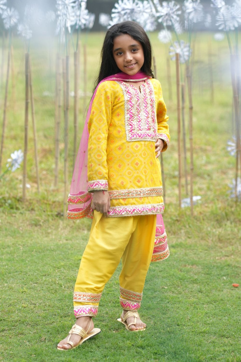 Bright Yellow Kurta With Matching Salwar & Contrast Dupatta – Yellow Kids Kurta Set | PNK – Isha Arora India