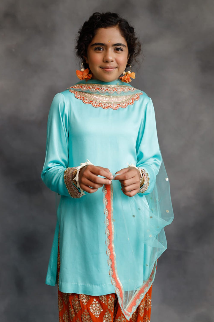 Firozi Kurta & Orange Farshi Salwar Set – Orange Kids Kurta Set | PNK – Isha Arora India