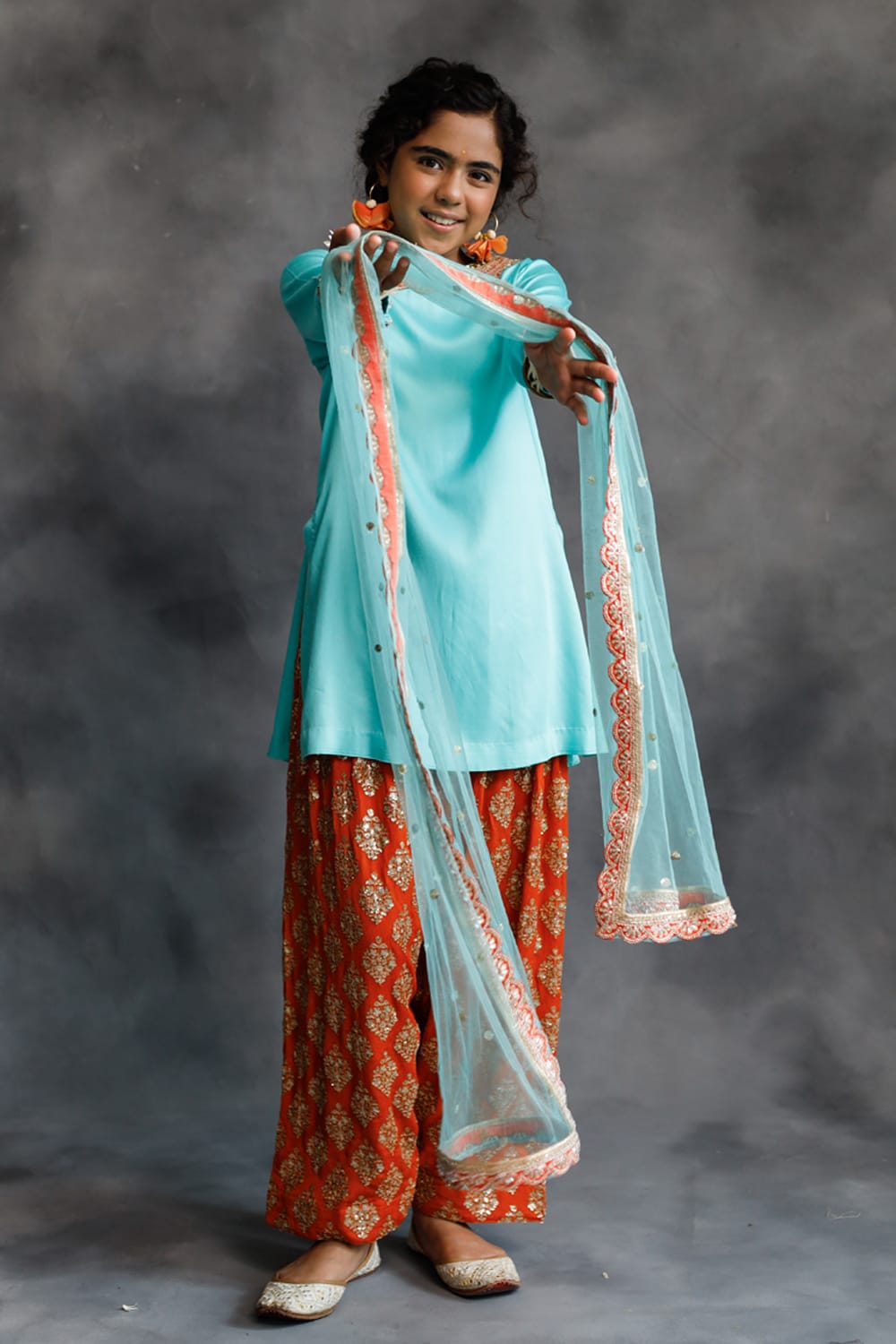 Firozi Kurta & Orange Farshi Salwar Set – Orange Kids Kurta Set | PNK – Isha Arora India