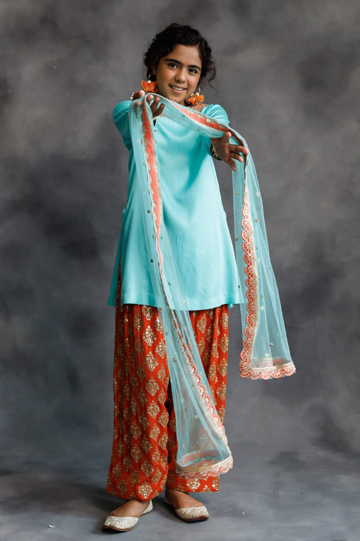 Firozi Kurta & Orange Farshi Salwar Set – Orange Kids Kurta Set | PNK – Isha Arora India
