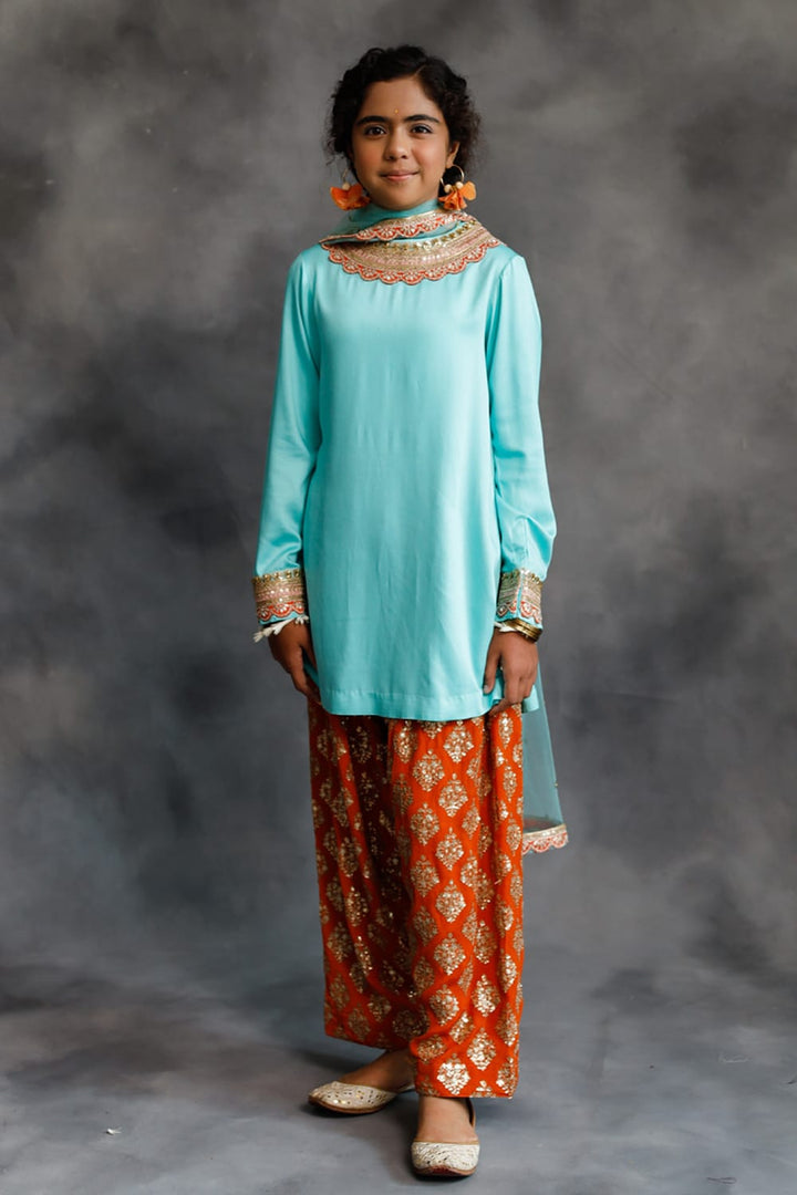 Firozi Kurta & Orange Farshi Salwar Set – Orange Kids Kurta Set | PNK – Isha Arora India