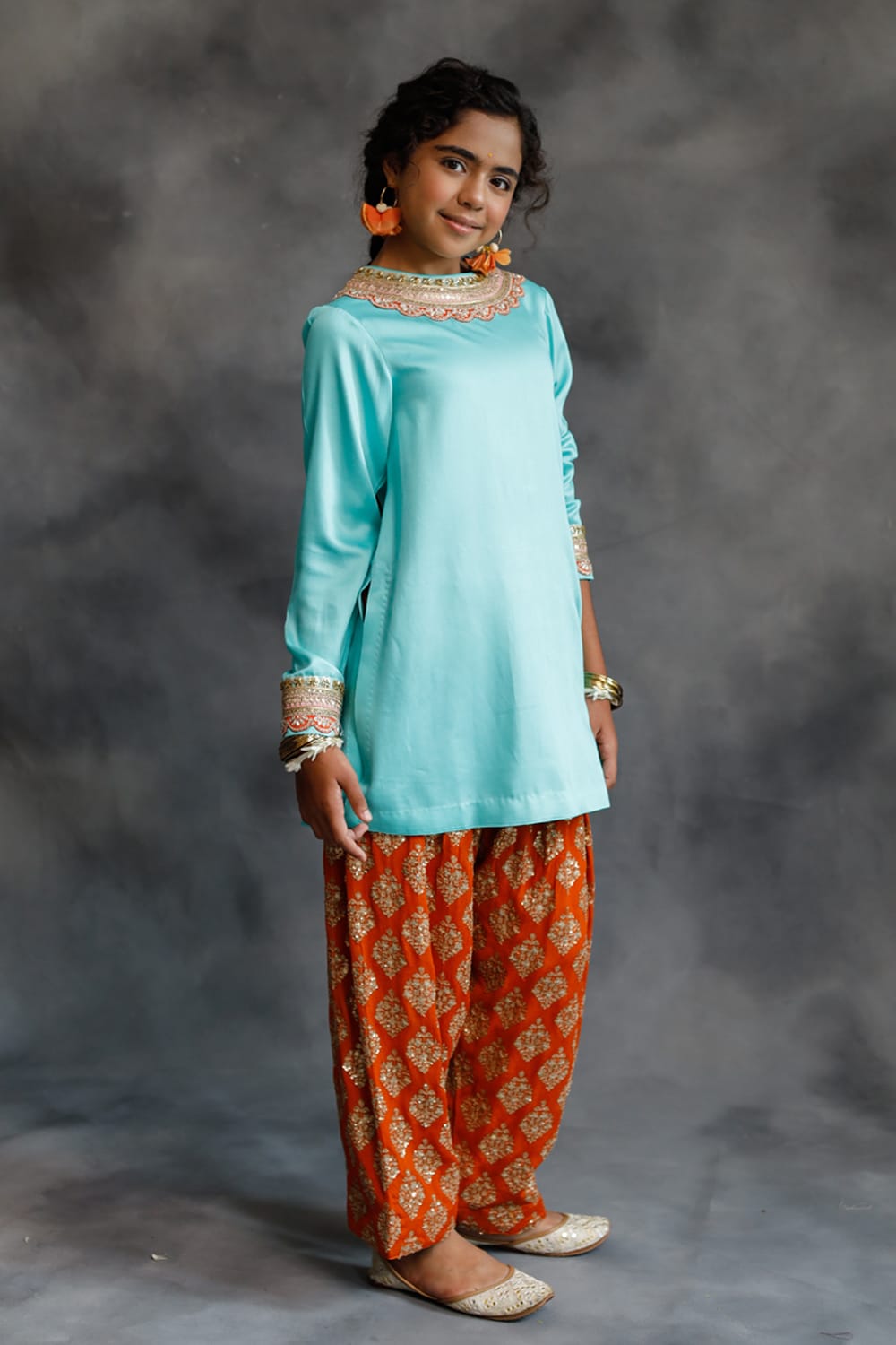 Firozi Kurta & Orange Farshi Salwar Set – Orange Kids Kurta Set | PNK – Isha Arora India