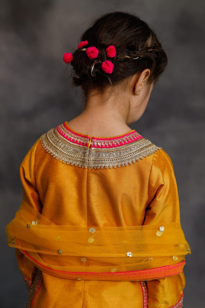 Haldi Yellow Kurta With Gold & Pink Borders Set – Yellow Kids Kurta Set | PNK – Isha Arora India