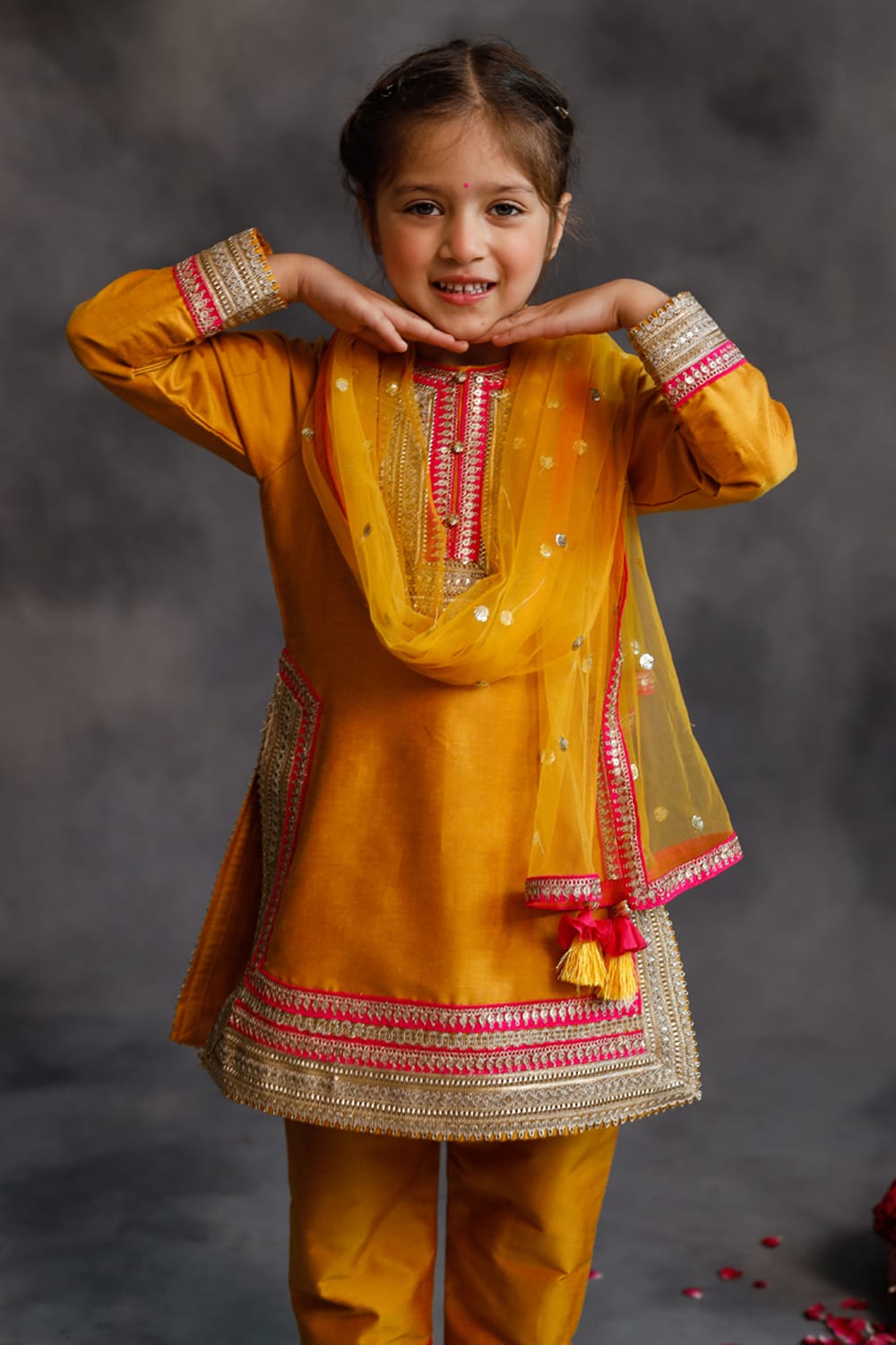 Haldi Yellow Kurta With Gold & Pink Borders Set – Yellow Kids Kurta Set | PNK – Isha Arora India