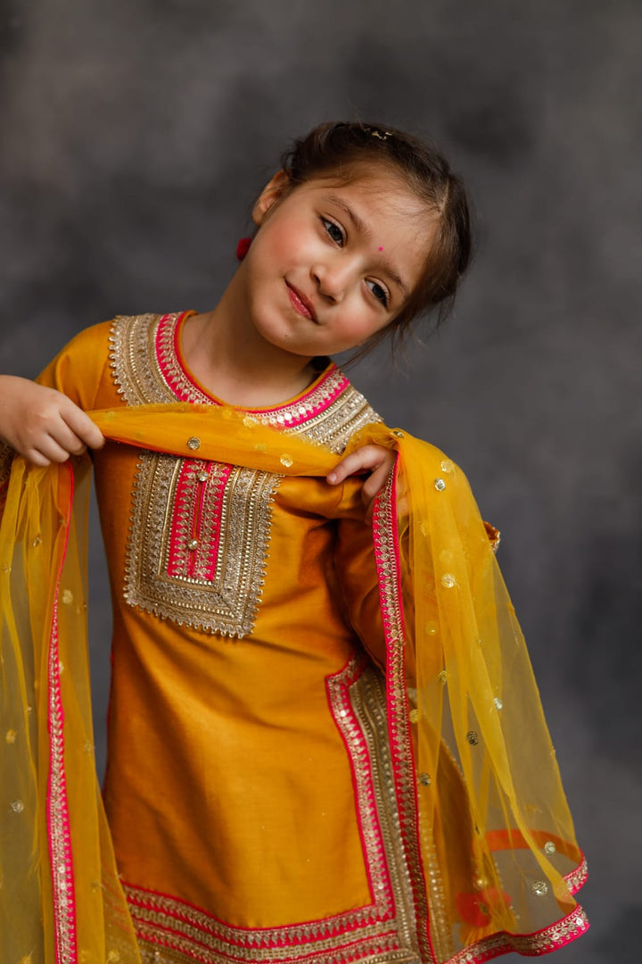 Haldi Yellow Kurta With Gold & Pink Borders Set – Yellow Kids Kurta Set | PNK – Isha Arora India