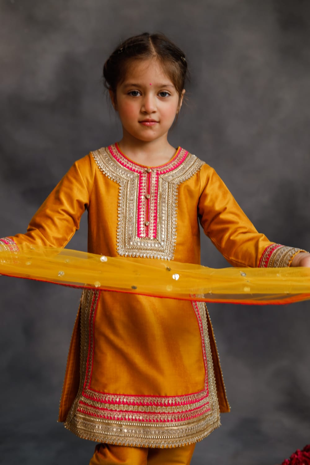 Haldi Yellow Kurta With Gold & Pink Borders Set – Yellow Kids Kurta Set | PNK – Isha Arora India