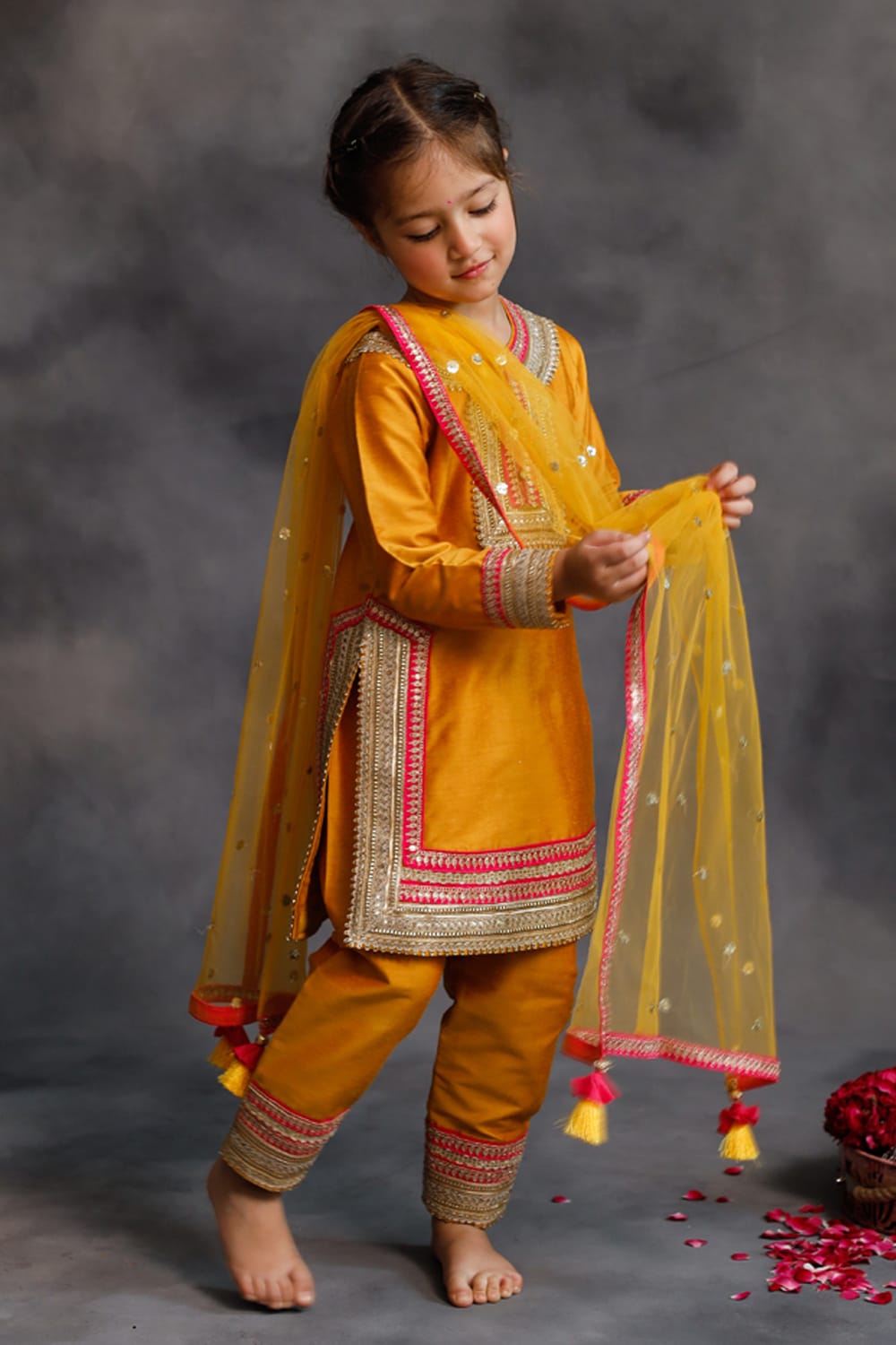 Haldi Yellow Kurta With Gold & Pink Borders Set – Yellow Kids Kurta Set | PNK – Isha Arora India