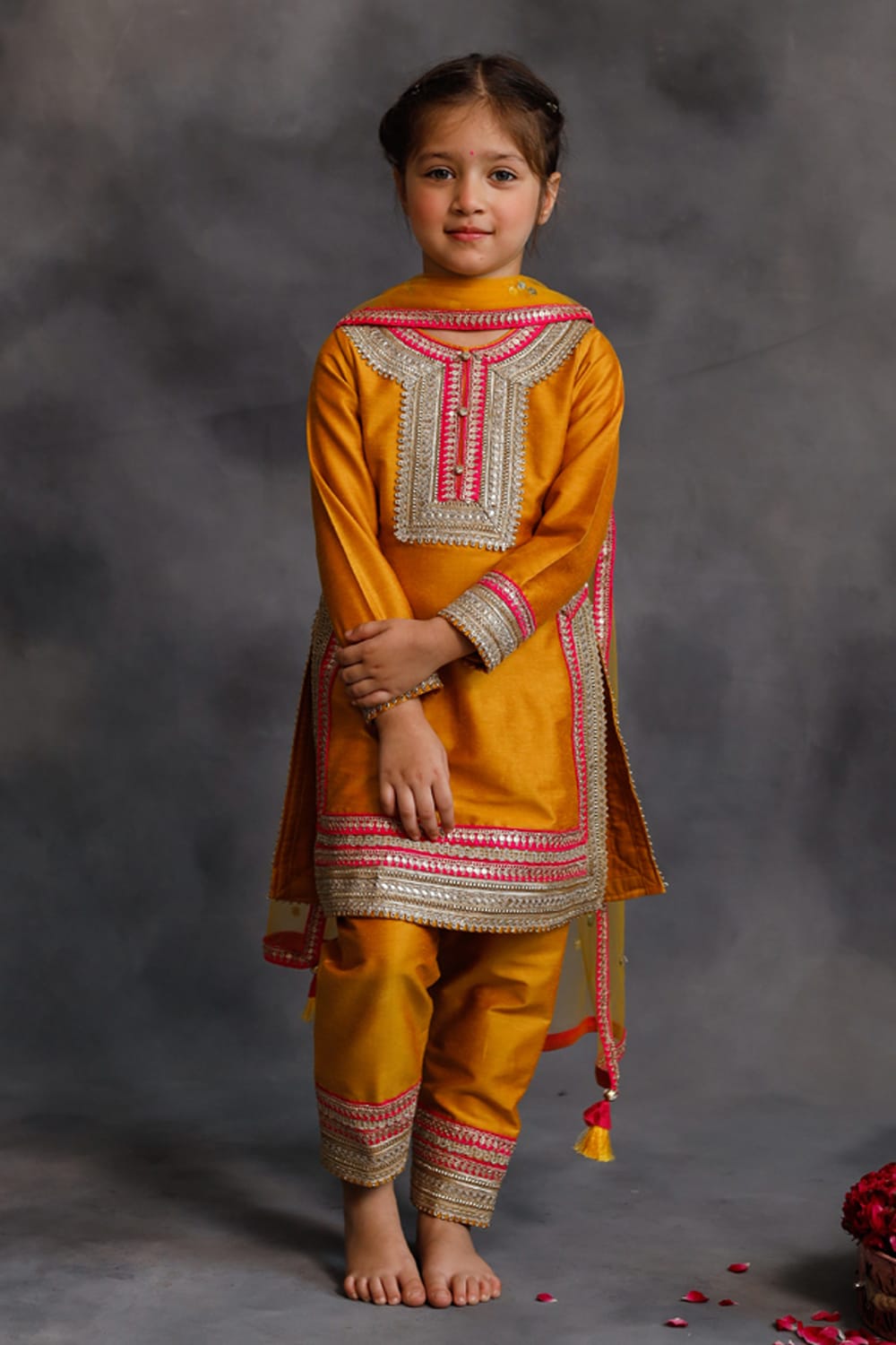 Haldi Yellow Kurta With Gold & Pink Borders Set – Yellow Kids Kurta Set | PNK – Isha Arora India