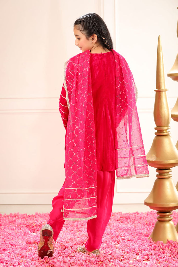 Rani Pink Velvet Kurta With Dhoti Pants Set – Pink Kids Kurta Set | PNK – Isha Arora India