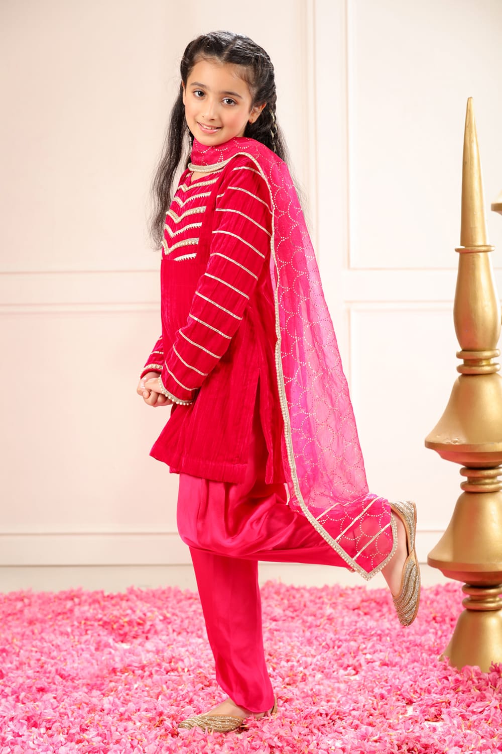 Rani Pink Velvet Kurta With Dhoti Pants Set – Pink Kids Kurta Set | PNK – Isha Arora India