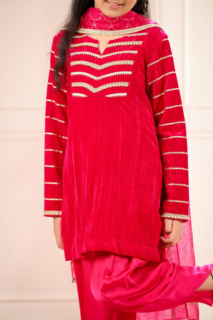 Rani Pink Velvet Kurta With Dhoti Pants Set – Pink Kids Kurta Set | PNK – Isha Arora India